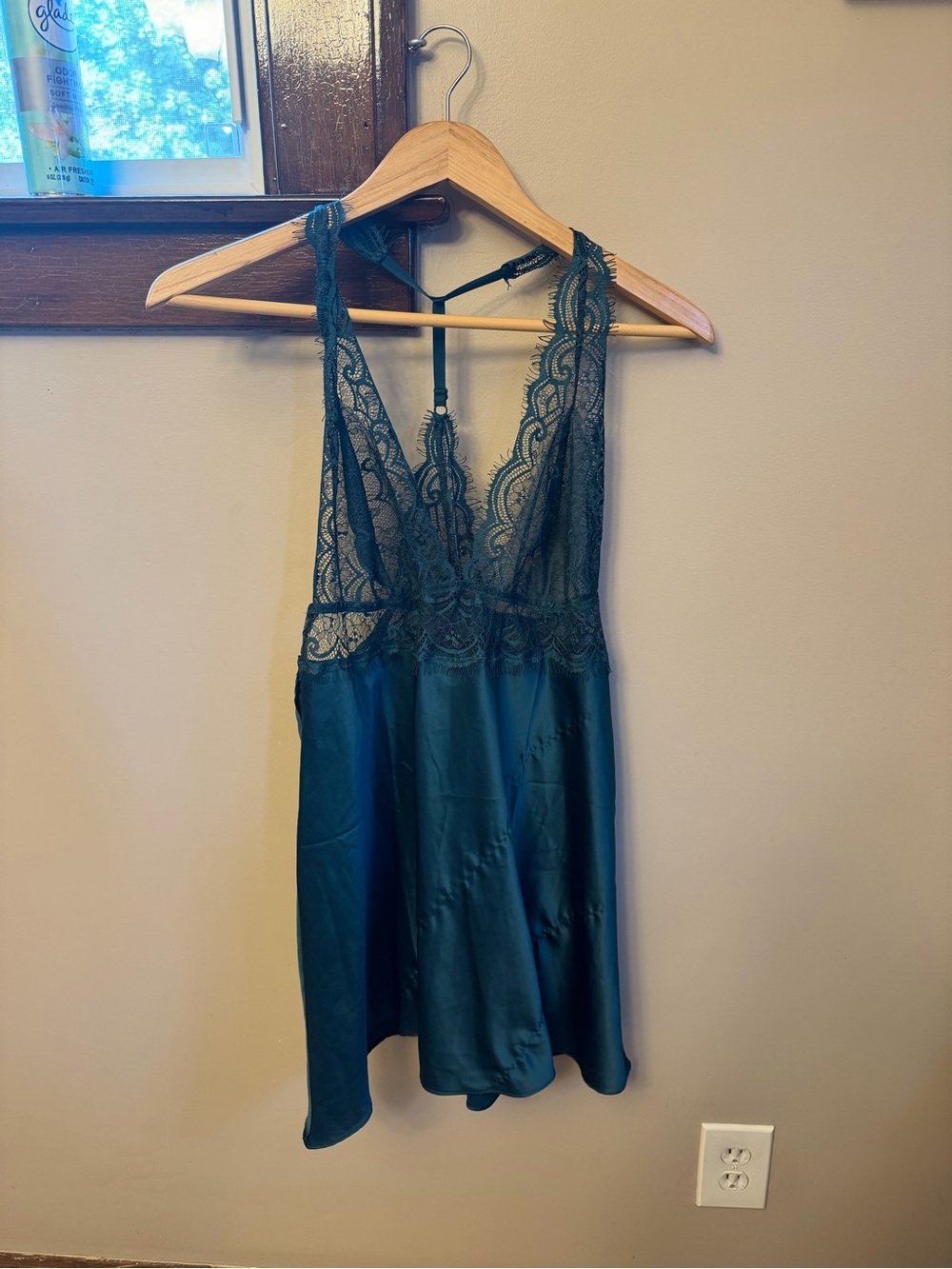 Adore Me Forest Green  Lace-Trim Satin Chemise